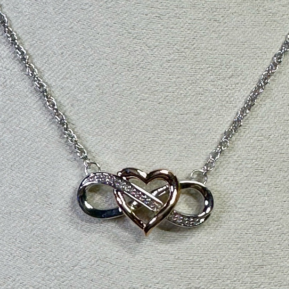 10K ROSE GOLD & 925 SILVER Two-Tone Interlocking Heart Infinity Pendant 1/15ctw